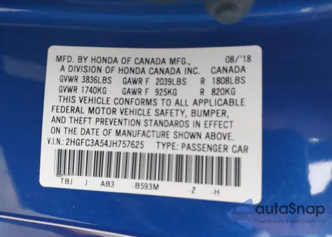 2018 Honda Civic Si из США, поврежденный, VIN 2HGFC3A54JH757625